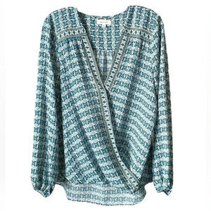 MAX STUDIO| Women’s Crepe Shirtale Faux Wrap Green/White Floral Blouse Size L